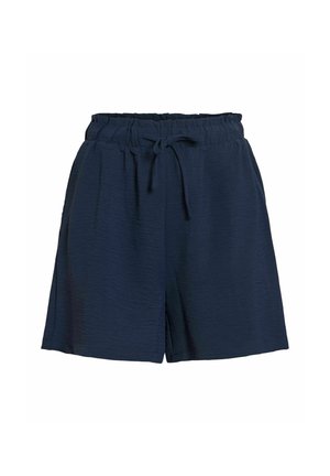 Shorts décontractés bleu marine avec taille élastique et lien à l'avant, fabriqués en tissu léger texturé.