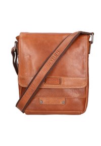 Borsa a tracolla in pelle marrone con chiusura a patta, tracolla regolabile e logo impressa. Presenta una texture liscia e accentuazioni hardware minime.