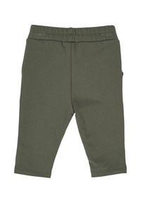 Leggings elasticizzati verde oliva realizzati in morbido cotone, con vita elasticizzata e gamba affusolata, privi di elementi decorativi.