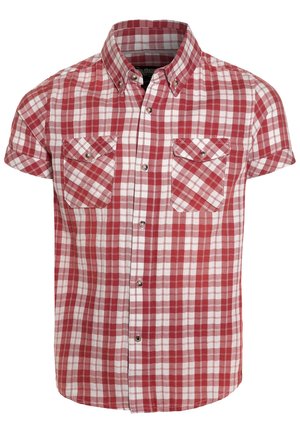 Koszula z krótkim rękawem w czerwoną i białą kratę, z kołnierzykiem zapinanym na guziki, dwoma kieszeniami na piersi oraz lekką teksturą tkaniny.