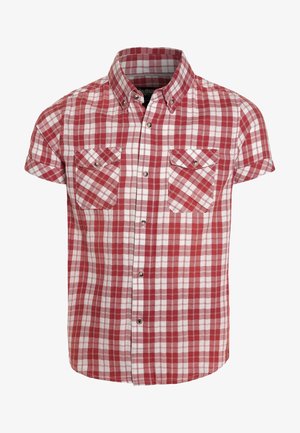 Chemise à manches courtes à carreaux rouge et blanc, dotée d'un col boutonné, de deux poches poitrine à l'avant, et d'une texture en tissu léger.