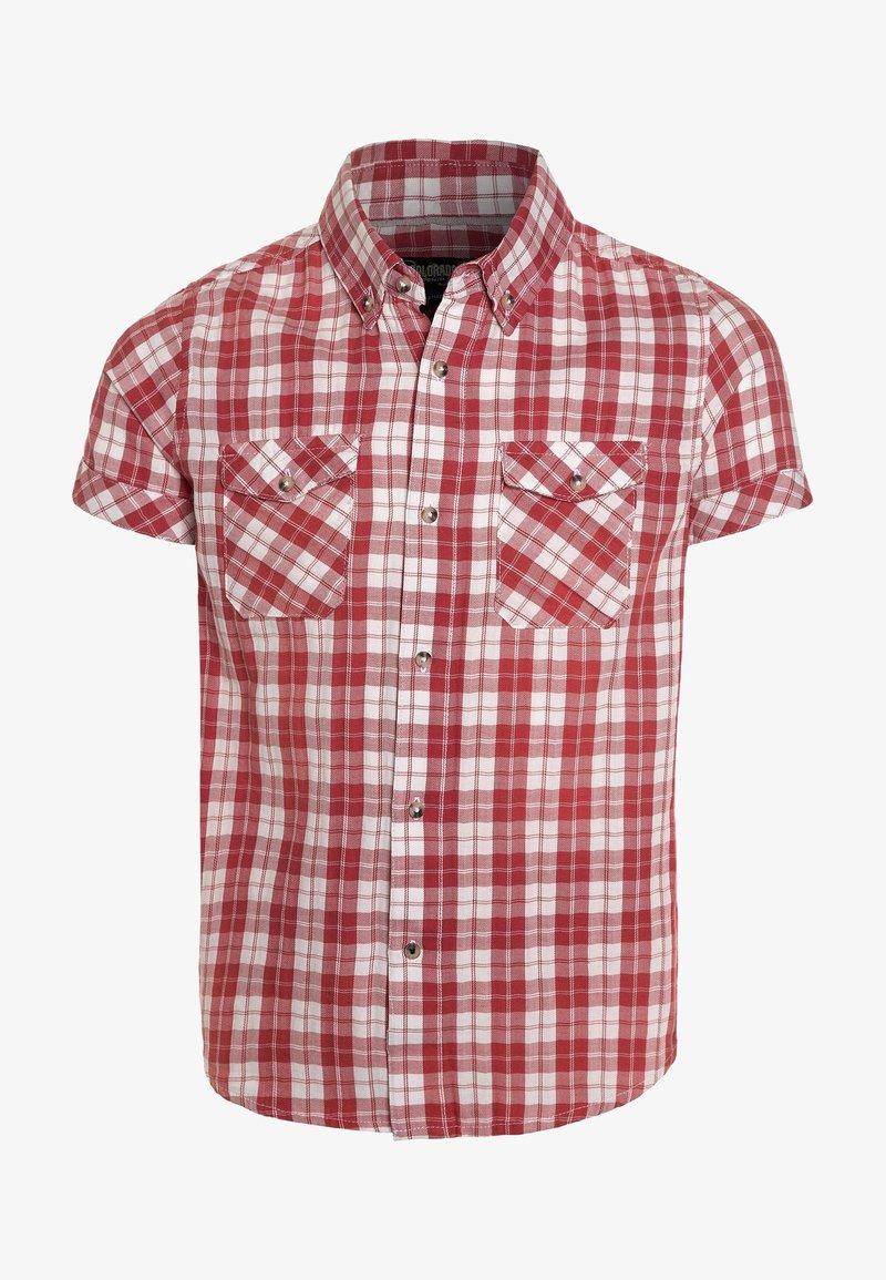 Koszula z krótkim rękawem w czerwoną i białą kratę, z kołnierzykiem zapinanym na guziki, dwoma kieszeniami na piersi oraz lekką teksturą tkaniny.