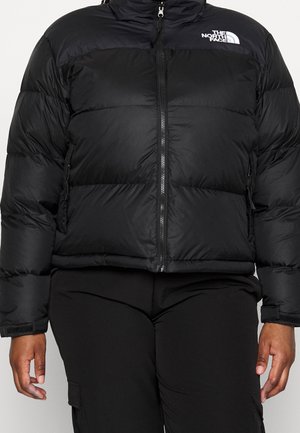 Doudoune noire avec fermeture éclair à l'avant et logo The North Face sur la poitrine, portée avec un pantalon noir, mains visibles sur les côtés.