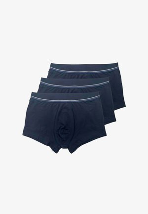 Tre boxer da uomo blu navy con fascia elastica in vita caratterizzata da una sottile striscia grigia, disposti sovrapposti su uno sfondo bianco.