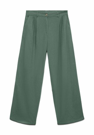 Pantalon taille haute à jambes larges de couleur verte douce, avec passants pour ceinture, bouton frontal, fermeture éclair et plis subtils à la taille.