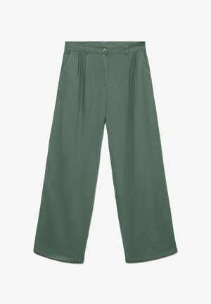 Laiade lõike ja kõrge vöökohaga püksid tuhmunud rohelises toonis, millel on vööaasad, ees nööp ja zipperi kinnis ning õrnad voldid vöökohal.