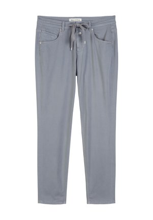 Graue Baumwollmischungshosen mit einem Kordelzugbund, vier Taschen und geradem Bein Schnitt. Glatte Textur und lässiges Design.