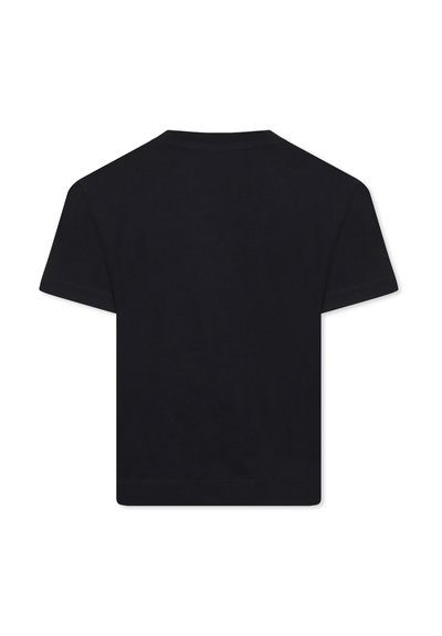 T-shirt nera a maniche corte realizzata in cotone morbido con orlo dritto e semplice scollo a girocollo. Texture liscia, senza motivi o accenti.