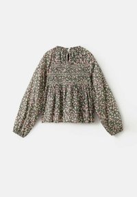 Blusa floreale con maniche lunghe, sfondo verde, piccoli fiori rosa, corpino arricciato e dettaglio a oblò sulla schiena. Texture del tessuto morbida.