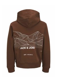Sweat à capuche marron avec un cordon de serrage. Présente un dessin de montagne en ligne blanche et le texte "JACK & JONES EST. MCMXC" au dos. Tissu doux.