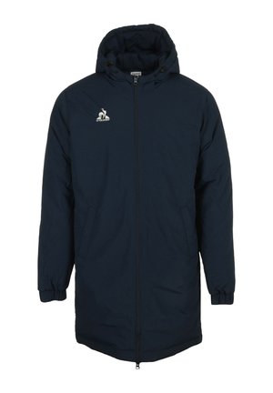 Navy blue padded coat with a hood, front zipper, elastic cuffs, and side pockets; features a white logo on the chest.