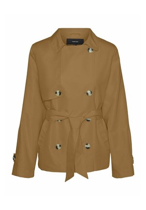 Manteau trench beige ceinturé avec un design à double boutonnage, boutons dorés, col cranté et manches arrivant aux coudes. Texture de tissu lisse.