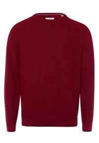 Bordowy sweter dzianinowy z okrągłym dekoltem, długimi rękawami oraz prążkowanymi mankietami i dołem. Charakteryzuje się subtelną teksturą i metką marki wewnątrz kołnierza.
