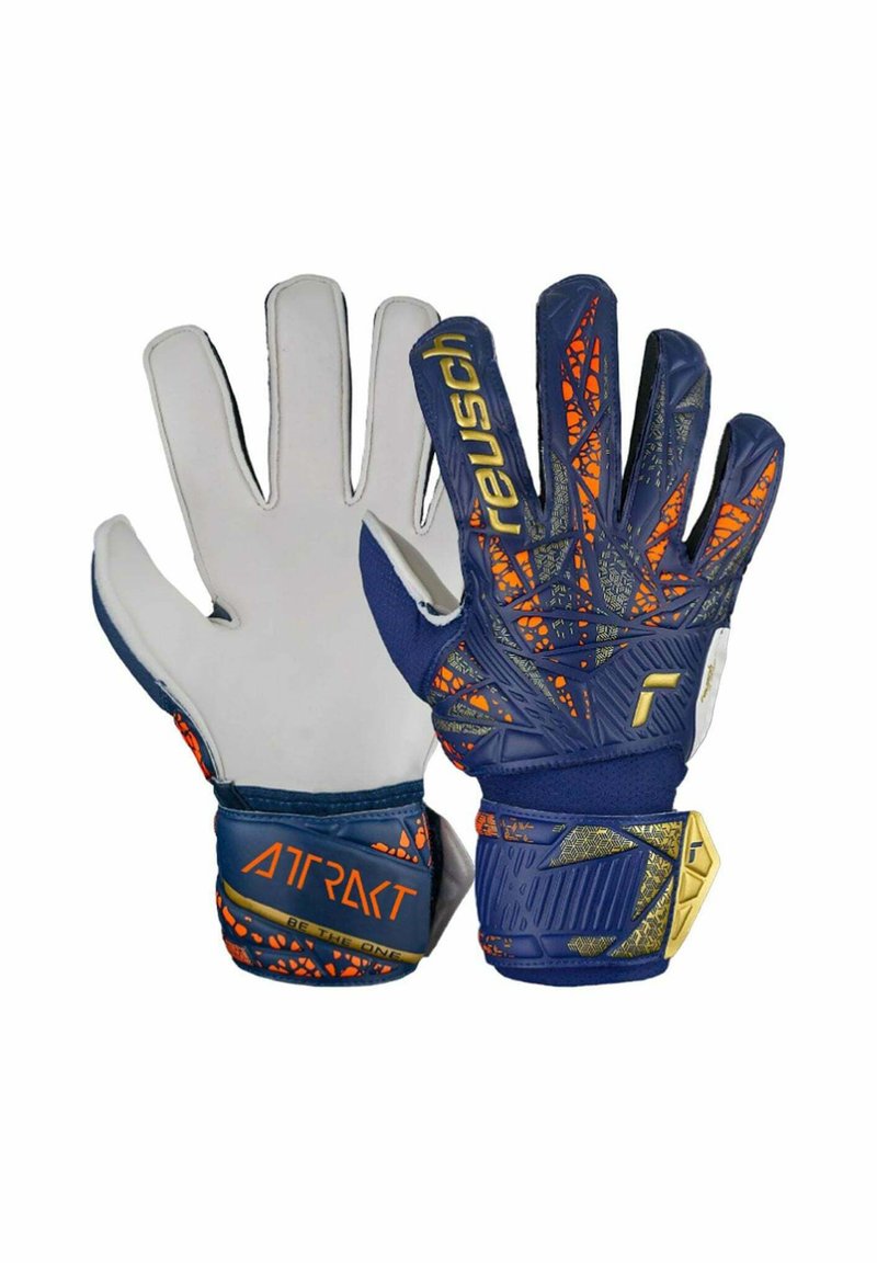 Guanti da portiere con design testurizzato blu e arancione, dotati di palmo in lattice antiscivolo, punte rinforzate e cinturino regolabile per il polso.