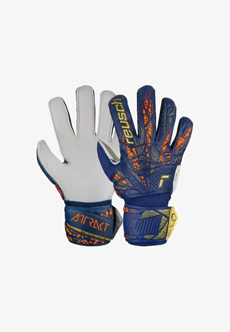 Guanti da portiere con design testurizzato blu e arancione, dotati di palmo in lattice antiscivolo, punte rinforzate e cinturino regolabile per il polso.