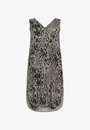 Robe sans manches en tissu léger avec un imprimé léopard noir et gris. Texture douce avec un design ample et fluide.