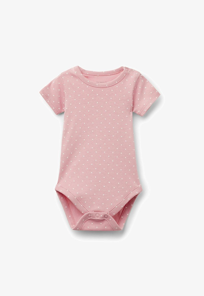 Body a maniche corte rosa realizzato in morbido cotone con pois bianchi, dotato di scollatura rotonda e chiusure a pressione sul fondo.