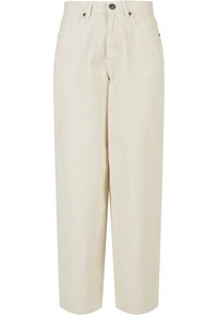 Beige corduroy wijde broek met een hoge taille, voorzien van vijf zakken en een knoopsluiting aan de voorkant. Getextureerde stof met verticale ribbels.