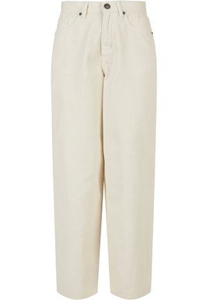 Beige fløjl bredbenede bukser med høj talje, der har fem lommer og knaplukning fortil. Struktureret stof med lodrette ribbede detaljer.