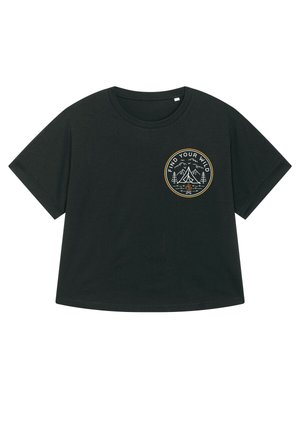 Black short-sleeve t-shirt made of cotton. Features a round neckline and a circular graphic print with "FIND YOUR WILD" in orange and white.