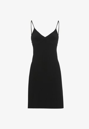 Abito nero senza maniche con spalline sottili a spaghetti e scollo a V, lunghezza al ginocchio, design semplice su sfondo bianco.