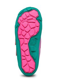 Schoenzool met een roze rubberen loopvlakdesign met gestructureerde hexagonale vormen en een turquoise rand; duurzaam materiaal voor grip.