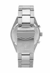 Edelstahlarmbanduhr mit polierter Oberfläche, achteckigem Gehäuse und verlinktem Armband. Verfügt über eine Schließe mit eingraviertem Logo und strukturierten Details.