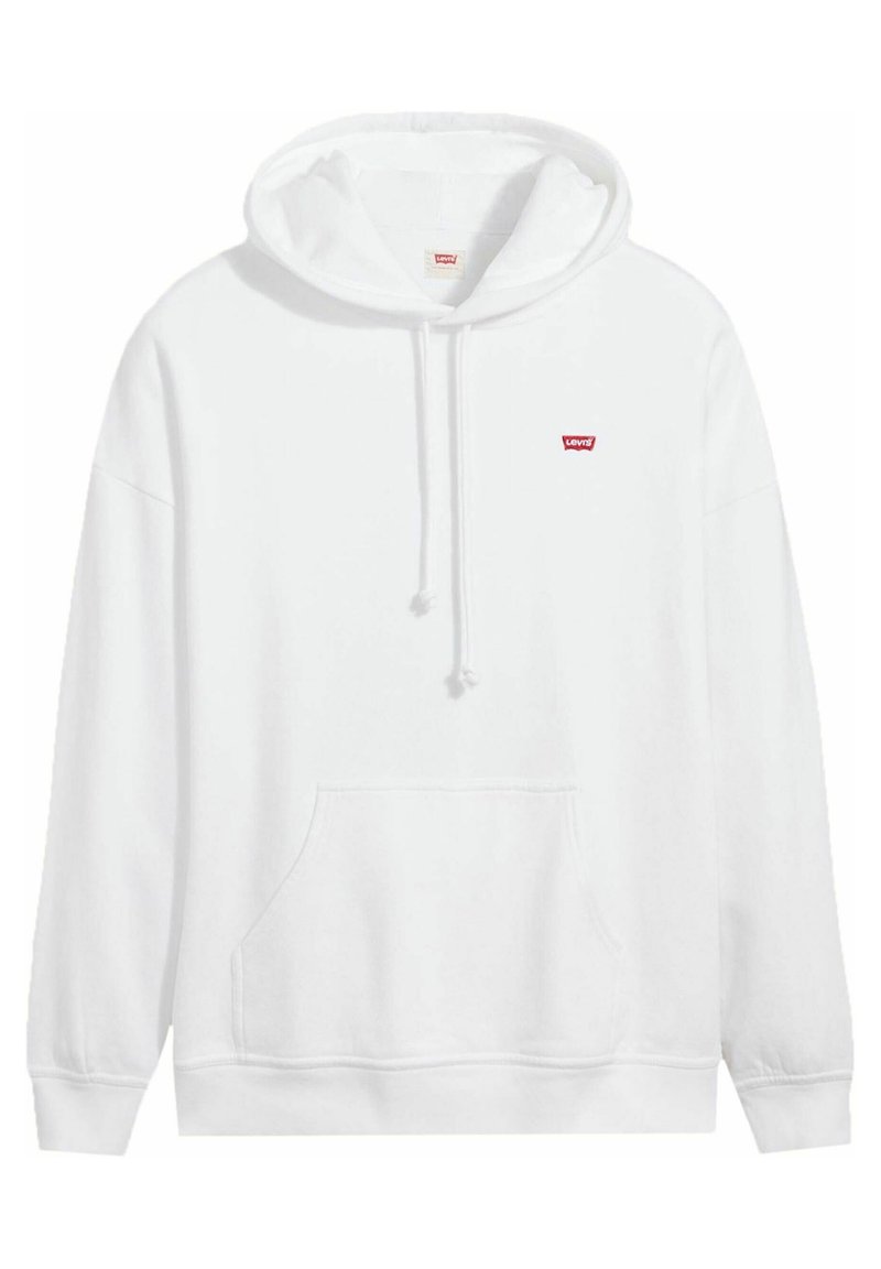 Sudadera blanca con capucha hecha de tela gruesa. Presenta un bolsillo frontal tipo canguro, puños de canalé y un pequeño logo rojo en el pecho.