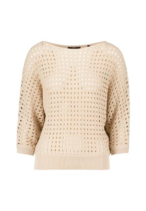 Maglione beige a maglia con un design a trame larghe e aperte, ampia scollatura a barca e maniche a tre quarti. L'orlo presenta una texture a costine.