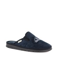 Pantofole in suede blu navy con suola in gomma nera, caratterizzate da una punta arrotondata e un'etichetta di marca sul lato. Texture morbida e design slip-on.
