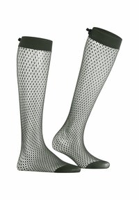 Calze nere a rete alte fino al ginocchio con un polsino verde solido, caratterizzate da un motivo geometrico e un'area della punta rinforzata, progettate per un look aderente.