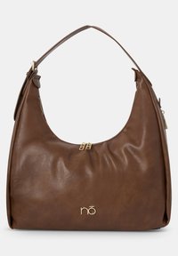 Sac d'épaule en cuir marron avec une bandoulière unique, fermeture éclair dorée et petit logo de marque doré au centre avant.