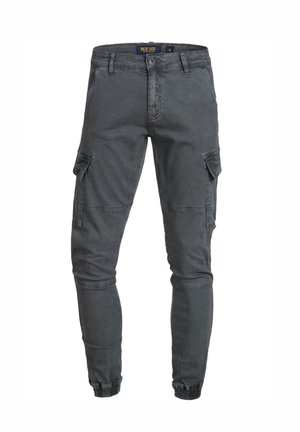 Mørkegrå slim-fit cargobukser med sidelommer med klap, knap- og lynlåslukning, bæltestropper og elastiske manchetter.