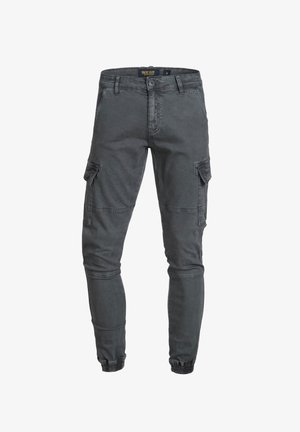 Pantalon cargo slim gris foncé avec poches à rabat latérales, fermeture à bouton et zip, passants pour ceinture et poignets élastiqués.