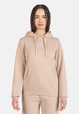 Beige hoodie met een kangoeroezak en geribde manchetten. Bevat een capuchon met trekkoord en het "ROSSIGNOL" logo in lichte kleur op de borst.