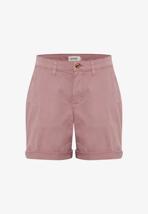 Rosa bomullsshorts med uppvikt fåll, med en framknäppning och bältesöglor. Slät textur och skräddarsydd design.