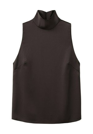 Czarny top bez rękawów z wysokim golfem i gładkim, lekko usztywnionym materiałem.