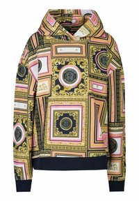 Kapuzensweatshirt aus lebendigem Seidenmix mit einem ausgeklügelten geometrischen Muster in Gold, Pink und Schwarz, verziert mit bedruckten Medaillons und einem gerippten Saum.