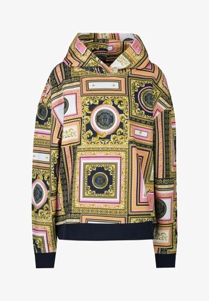 Hoodie in een levendige zijdenmix met een intricaat geometrisch patroon in goud, roze en zwart, voorzien van geprinte medaillons en een geribbelde zoom.