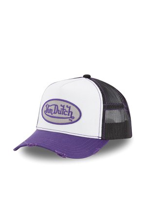 Gorra trucker Von Dutch blanca y púrpura con visera desgastada y panel trasero de malla negra.