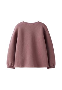 Felpa lunga color malva con maniche elastiche e scollo a girocollo a coste, mostrata dal retro su uno sfondo bianco.