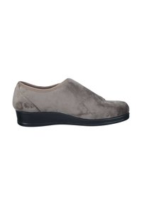 Slip-on gray suede shoe with a rounded toe, elastic trim, and a black wedge sole. Features a smooth texture and minimalist design.