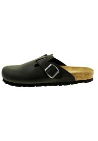 Schwarze Clogs aus Gummi mit einem Schnallenriemen, Korkfußbett und strukturiertem Sohlen. Verfügt über Belüftungsöffnungen und ein offenes Rückendesign.