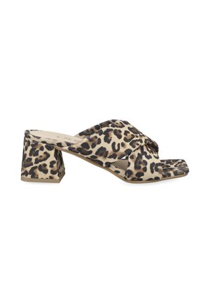 Damen Leopard-Mulesandale mit gekreuzten Riemen, Blockabsatz und quadratischer Spitze, seitlich auf weißem Hintergrund dargestellt.