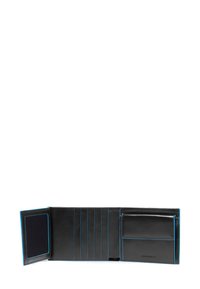 Schwarze Lederbrieftasche mit blauen Nähten, ausgestattet mit mehreren Kartenfächern, einem transparenten Ausweisfach und einem kleinen Münzfach.