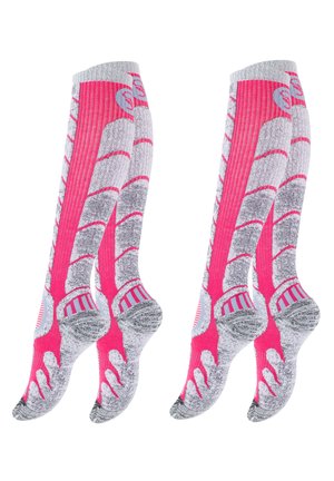 Knee-high socks featuring a pink and gray striped design, with reinforced toe and heel areas, and a textured knit material for grip.
