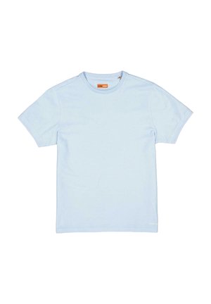Hellblaues Baumwoll-T-Shirt mit kurzen Ärmeln, rundem Ausschnitt und minimalistischer Gestaltung. Etikett am Hals sichtbar. Glatte Textur.