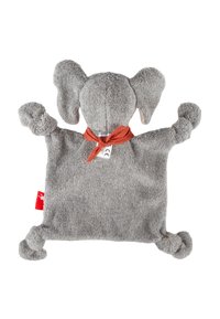 Coperta giocattolo a forma di elefante in peluche grigio con texture in flanella, orecchie flosce, sciarpa annodata e angoli annodati; presenta un piccolo cartellino di cura.