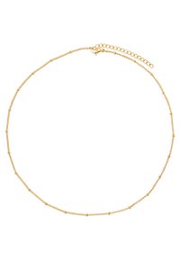 Collar de metal dorado con una delicada cadena que presenta cuentas redondas pequeñas alternas, terminado con un cierre de langosta y una cadena de extensión.