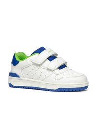 Witte sneakers met blauwe accenten en groene binnenvoering. Voorzien van twee klittenbandsluitingen, geperforeerde details en een gestructureerde rubberen zool.